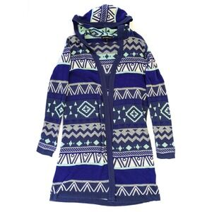 Derek Heart Blue Aztec Tribal Geometric Hooded Open Front Longline Cardigan M